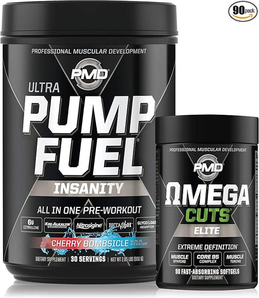 PMD Sports Ultra Pump Fuel Insanity - Pre Workout - Cherry Bombsicle (30 Servings) Sports Omega Cuts Elite Thermogenic Fat Burner (90 Softgels)
