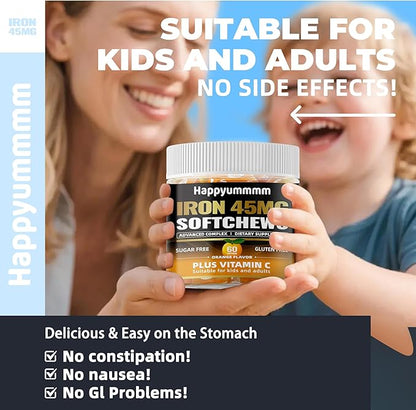 Iron Soft Chews Supplement with Vitamin C | Orange Flavored | Gluten Free | Iron Supplement for Women Men and Kids | 60 Count | 2 Month Supply