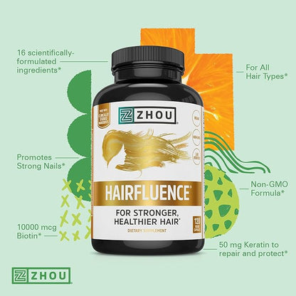 Zhou Hairfluence - Vegan Biotin Supplement for Hair Growth for Men & Women, Supports Stronger, Healthier Hair, Nails, & Glowing Skin with B Vitamin Complex -120 Veggie Capsules (Pack of 1)