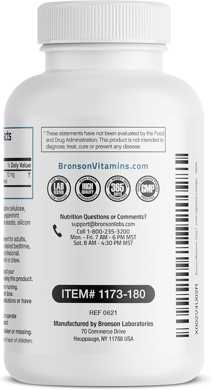 Bronson Melatonin 12mg Fast Dissolve Nighttime Sleep Aid Support & Relaxation Support, 180 Peppermint Vegetarian Lozenges