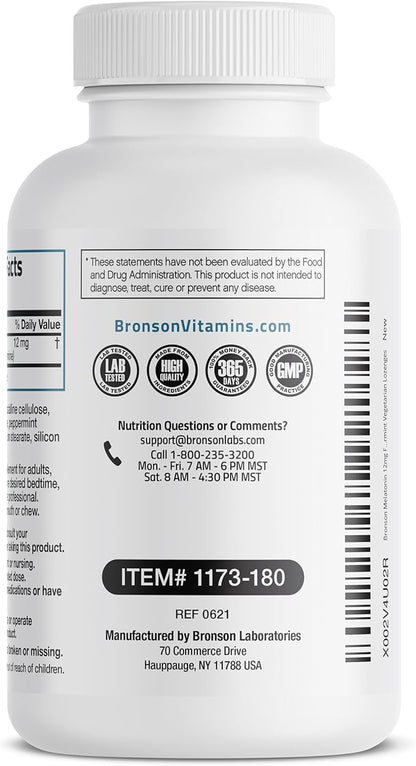 Bronson Melatonin 12mg Fast Dissolve Nighttime Sleep Aid Support & Relaxation Support, 180 Peppermint Vegetarian Lozenges