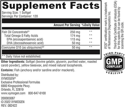 XYMOGEN CoQmax Omega 50 mg - CoQ10 + Fish Oil Omega 3 Supplement - Dual-Action Heart Health Support - Coenzyme q10 + Specialized Fish Oil for 3X Greater Absorption of EPA DHA (120 Softgels)