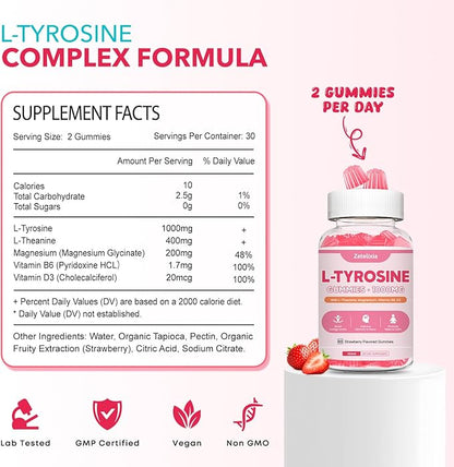 L Tyrosine Gummies, L-Tyrosine Supplement Gummies, L-Theanine Gummies with Vitamin B6 D3, Focus Gummies Support Brain, Memory, Energy, Mood for Adult & Kids, Strawberry Flavor, 60 Count