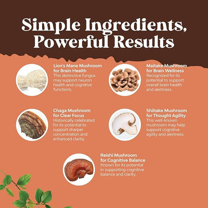 Advanced Mushroom Complex Capsules - 10X Lions Mane Supplement Capsules with Reishi, Chaga , Maitake & Shiitake for Brain Health, Memory Support & Focus - Nootropic for Mental Clarity - 120 Caps