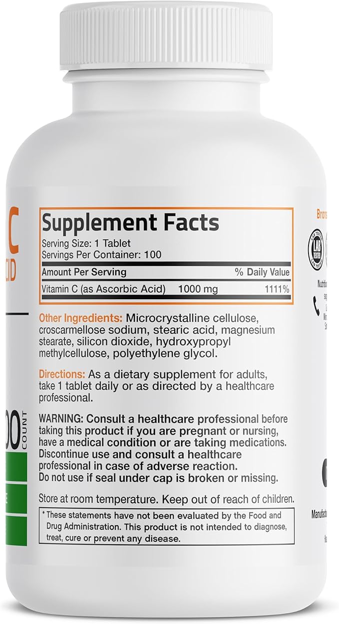 Bronson Vitamin C 1000mg Premium Non-GMO Ascorbic Acid Tablets, 100 Count
