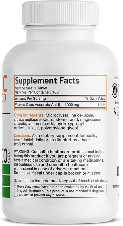Bronson Vitamin C 1000mg Premium Non-GMO Ascorbic Acid Tablets, 100 Count