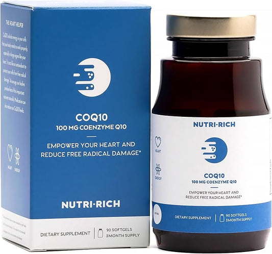Nutri-Rich CoQ10 High Potency 100mg Coenzyme Q10, Ubiquinone, Antioxidant for Heart Health & Cellular Energy, Naturally Fermented, for Aging & Statin Usage, 3 Month Supply (90 Softgels)