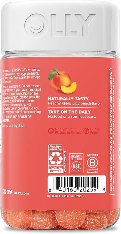 OLLY Probiotic + Prebiotic Gummy, Digestive Support and Gut Health, 500 Million CFUs, Fiber, Adult Chewable Supplement for Men and Women, Peach, 60 Day Supply - 60 Count