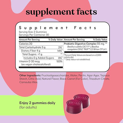 Lemme No. 2 Fiber & Probiotic Gummies for Adults, Promotes Regularity & Digestive Health, No Sugar Added Strawberry Flavor, 4g Prebiotic Fiber & Clinically Studied Probiotic Strains, (60 Count)