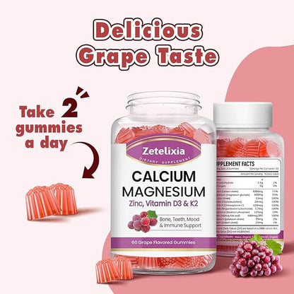 Calcium Gummies, Calcium Magnesium Zinc with Vitamin D3 & K2, Calcium Magnesium Supplement for B0nes Muscles, Grape Flavor - 120 Count