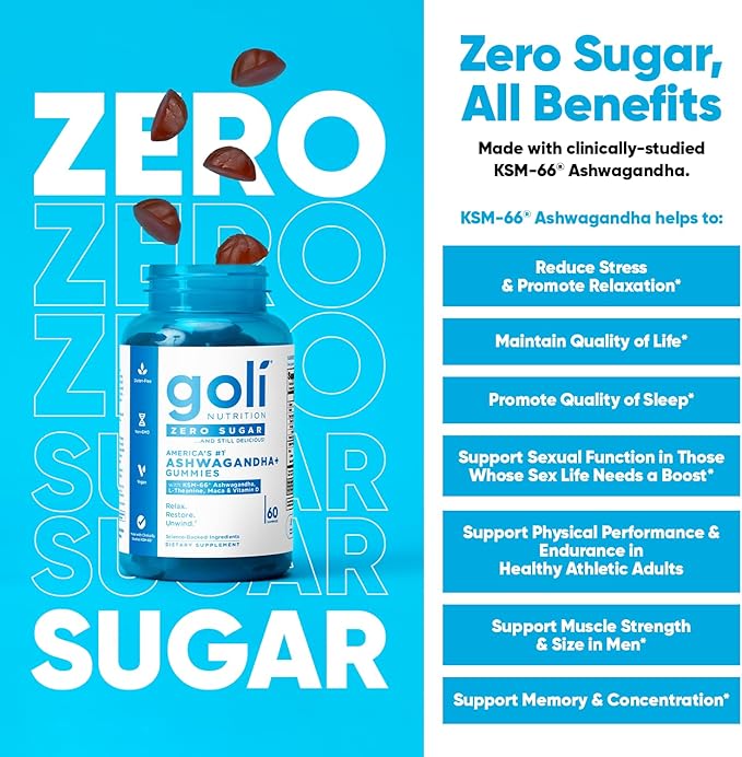 Goli Zero Sugar Ashwagandha & Vitamin D, Maca, L-Theanine Gummies, No Artificial Sweeteners, No Sugar Alcohols. Mixed Berry, KSM-66, Vegan, Plant Based, Non-GMO, Gluten-Free & Gelatin Free. (1)