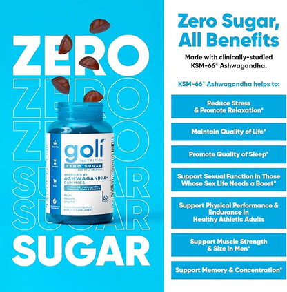 Goli Zero Sugar Ashwagandha & Vitamin D, Maca, L-Theanine Gummies, No Artificial Sweeteners, No Sugar Alcohols. Mixed Berry, KSM-66, Vegan, Plant Based, Non-GMO, Gluten-Free & Gelatin Free. (1)