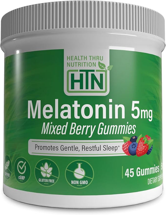 Health Thru Nutrition Melatonin 5mg Gummies | 45 Count Mixed Berry Flavor with Child-Resistant Cap | Gentle Restful Sleep Support Supplement | Non-GMO, Gluten-Free, Vegan-Friendly