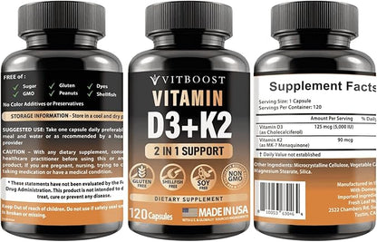 Vitamin D3 K2 Complex - Easy to Swallow - Vitamin D (D3) 5000 IU (125 mcg) & K2(MK-7) 90 mcg | Non-GMO | Gluten-Free | USA Made | 120 Capsules