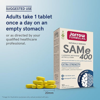 Jarrow Formulas SAMe 400 mg, Supports Joint Health, Liver Function, Brain Metabolism, 30 Tablets, Up To a 30 Day Supply