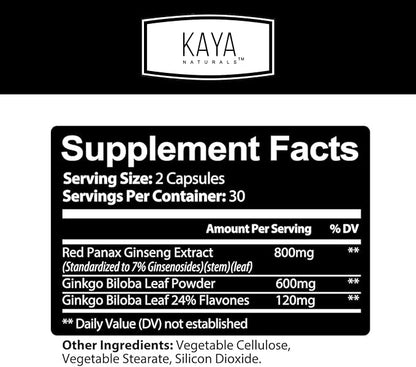 Kaya Naturals Red Panax Ginseng + Ginkgo Biloba - Nootropic Brain Supplement - Cognitive and Concentration Support - Brain Booster, Focus, and Memory Supplement - 60 Capsules