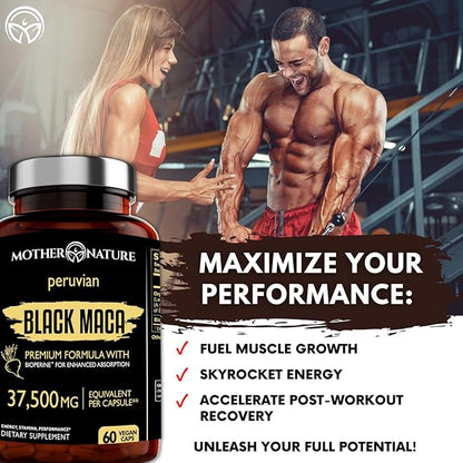 Mother Nature 37,500mg 50x Strength Organic High-Potency Peruvian Black Maca Root Capsules for Men 100% Pure Maca Peruana 50:1 Extract to Boost Stamina, Enegy, Muscle Gain - 60ct
