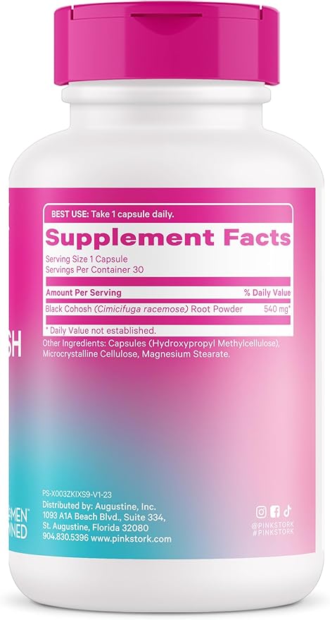 Pink Stork Black Cohosh Supplements for Women - 540 mg Pure Black Cohosh for Perimenopause, Menopause Support- 30 Capsules
