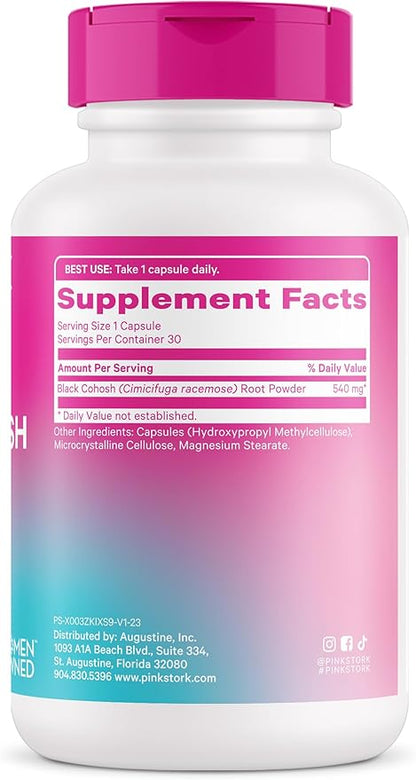 Pink Stork Black Cohosh Supplements for Women - 540 mg Pure Black Cohosh for Perimenopause, Menopause Support- 30 Capsules