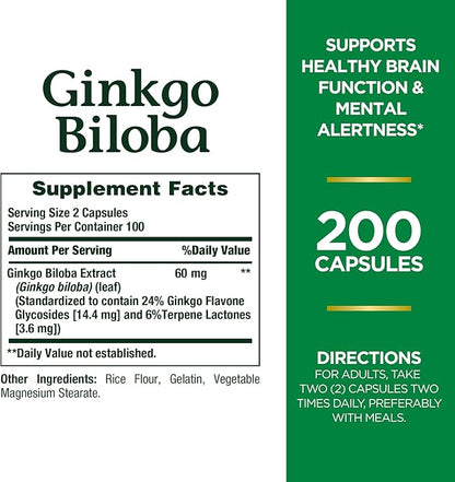 Nature's Bounty Ginkgo Biloba, Supports Healthy Brain Function, Herbal Supplement, 60 Mg, 200 Capsules