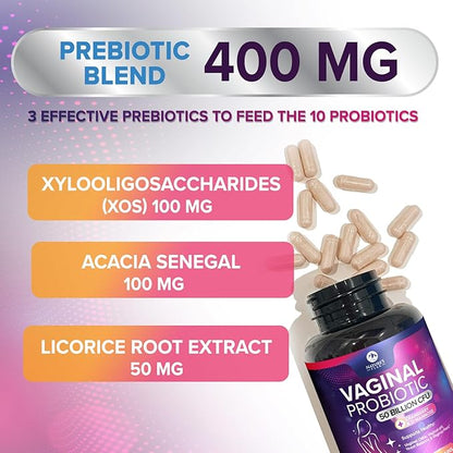Vaginal Probiotics for Women pH Balance with Prebiotics, 50 Billion CFU, 10 Probiotic Strains, Cranberry, D-Mannose & XOS - Healthy Vaginal Odor & Flora, UT & Feminine Digestive Health - 120 Capsules