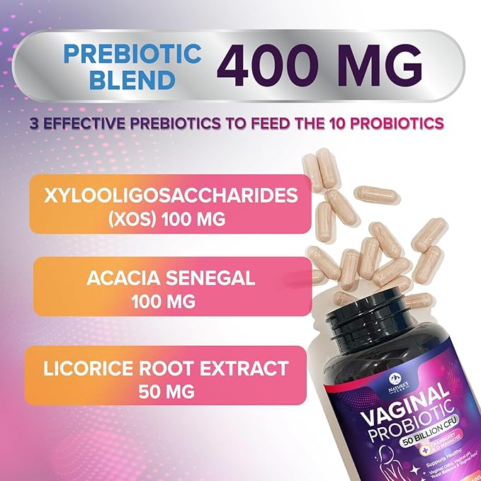 Vaginal Probiotics for Women pH Balance with Prebiotics, 50 Billion CFU, 10 Probiotic Strains, Cranberry, D-Mannose & XOS - Healthy Vaginal Odor & Flora, UT & Feminine Digestive Health - 60 Capsules