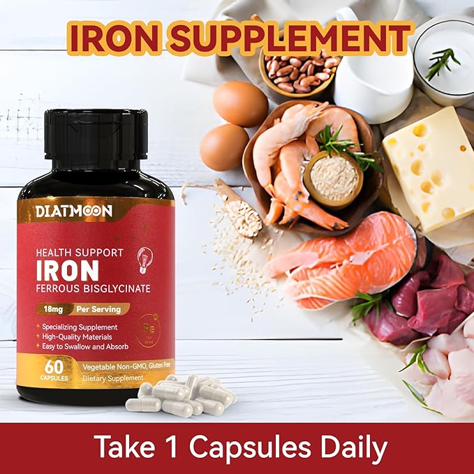 Iron Supplement, High Potency Iron 18 mg, as Ferrous Bisglycinate, for Women & Men, Easily Absorbed, Non-Gluten, GMOs-Free, 60 Count Veg Capsules