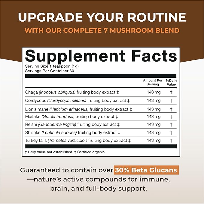 Sacred 7 Mushroom Coffee Booster | Organic Mushroom Supplement Powder – Lions Mane, Reishi, Chaga & More | Adaptogen + Nootropic | 100% Fruiting Bodies | Mix with Coffee,Tea, Smoothies - 60 Servings