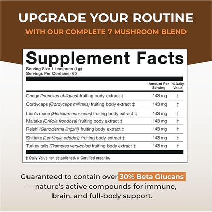 Sacred 7 Mushroom Coffee Booster | Organic Mushroom Supplement Powder – Lions Mane, Reishi, Chaga & More | Adaptogen + Nootropic | 100% Fruiting Bodies | Mix with Coffee,Tea, Smoothies - 60 Servings