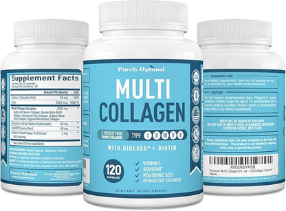 Premium Multi Collagen Peptides (Types I, II, II, V, X) - Collagen Pills for Skin Care, Hair Growth, Nails & Joints - Vitamin C, Hyaluronic Acid, Biotin, Gluten Free - 120 Collagen Capsules