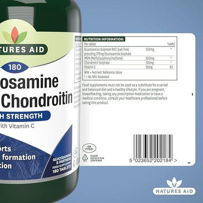 Nature's Aid Glucosamine 500mg, MSM 500mg + Chondroitin 100mg 180 Tablets