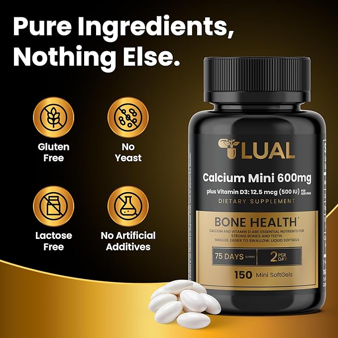LUAL Calcium Minis 600 mg with Vitamin D3 - Bone & Muscle Support - 150 Mini Softgels - Easy to Swallow - Calcium & D3 for Strong Bones & Mobility