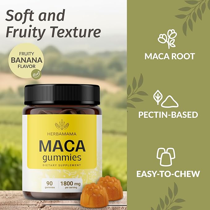 HERBAMAMA Maca Root Gummies - 1800mg Maca Root Extract for Energy Support - Vegan, Non-GMO Antioxidant Support Supplement - 90 Pectin-Based Banana-Flavored Chews