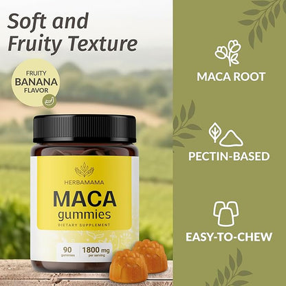 HERBAMAMA Maca Root Gummies - 1800mg Maca Root Extract for Energy Support - Vegan, Non-GMO Antioxidant Support Supplement - 90 Pectin-Based Banana-Flavored Chews