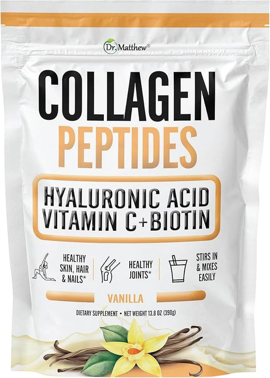 Dr. Matthew Vanilla Collagen Protein Powder with Hyaluronic Acid, Vitamin C and Biotin for Hair, Skin, Nails, Joint. Keto, Type 1 and 3.