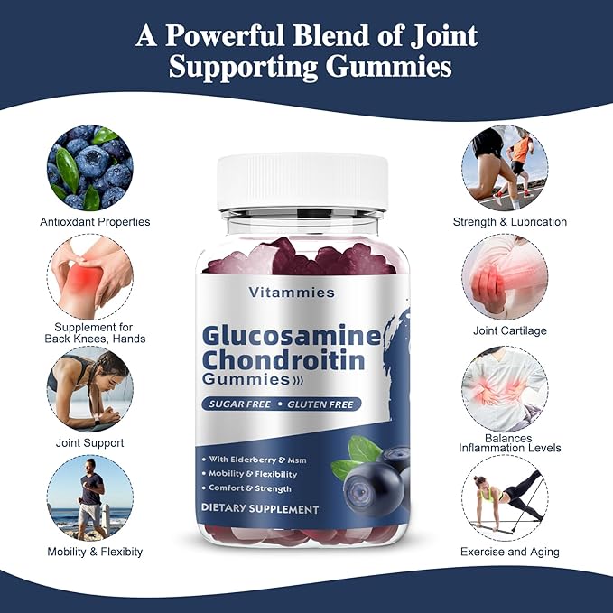 Glucosamine Chondroitin Gummies with MSM & Elderberry Extra Strength - Joint Support, Antioxidant Immune Support Supplement for Adults, Men & Women Minerals, coenzyme Q10, DHA- 60 Blueberry Gummies