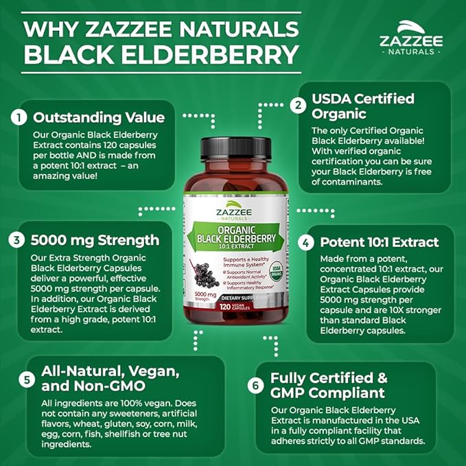 Zazzee USDA Organic Black Elderberry 10:1 Extract, 5000 mg Strength, 120 Vegan Capsules, 2 Month Supply, Standardized, Concentrated 10X Extract, 100% Vegetarian, All-Natural, Non-GMO, Made in The USA