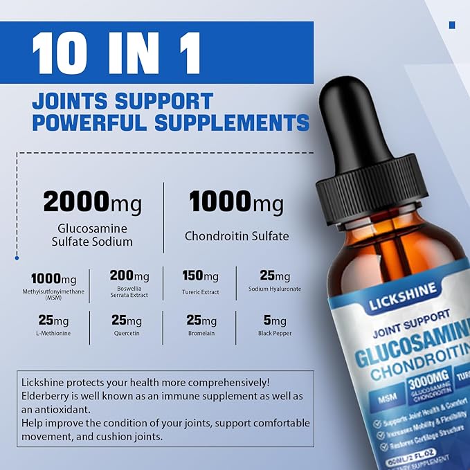 2 Pack Glucosamine Chondroitin MSM Liquid Drops - Extra Strength Joint Support Supplement for Adults with Quercetin Boswelia, Bromelain, Hyaluronic Acid, Antioxidant Immune Support (4 Fl oz)
