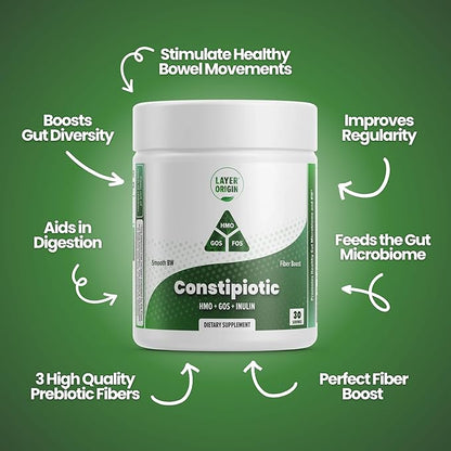 Layer Origin Constipiotic Prebiotic Fiber to Ease Bowel Movement and Support Regularity - 4.4 g Per Serving - HMO 2'FL, GOS, Inulin FOS - 30-Day Supply - Unflavored, No Taste, Dissolve Easily