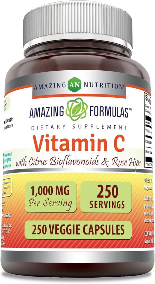 Amazing Formulas Vitamin C (Ascorbic Acid) 1000 mg with Rose HIPS & Citrus Bioflavonoids | Veggie Capsules Supplement | Non-GMO | Gluten Free | Made in USA (250 Count)