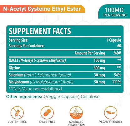 N-Acetyl Cysteine Ethyl Ester 100mg-More Absorption Than 1000mg NAC-with Glycine 600mg-Benefit Glutathione-Good for Immune System & Antioxidant for Adults,NACET(60 Capsules-1 Pack)