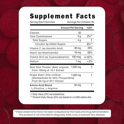 Beet Root Gummies - Super Nitric Oxide Beets Supplement - Red Beetroot Heart Chews with Grape Seed Power & B12- Pomegranate Flavor, 60 Chewables Beets