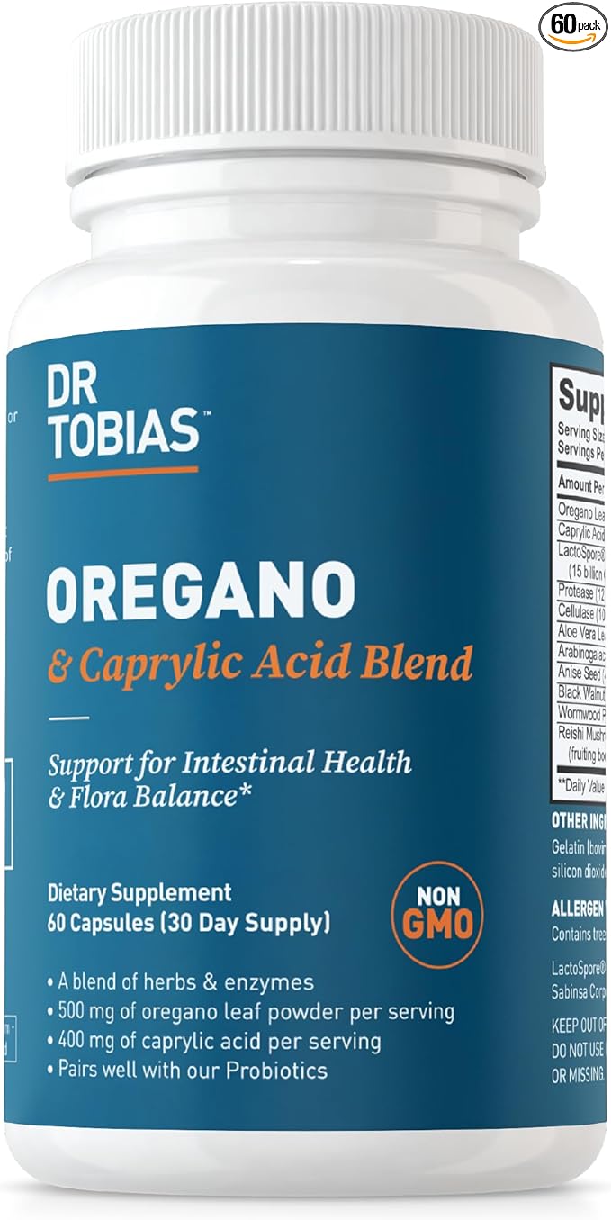 Dr. Tobias Oregano and Caprylic Acid Blend, Gut Flora Balance Complex with Probiotics & Enzymes for Intestinal and Immune Support, Gut Health Supplements for Women & Men, 60 Capsules, 30 Servings