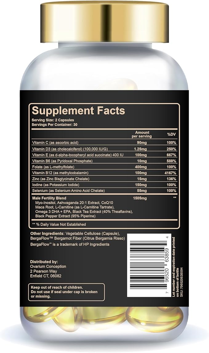 Ovarium® Male Fertility Support Supplement - Vegan Multivitamin w/Black Tea Extract, B12, Maca Root & Ashwagandha - Supports Men's Reproductive Health & Wellness (60 Capsules)