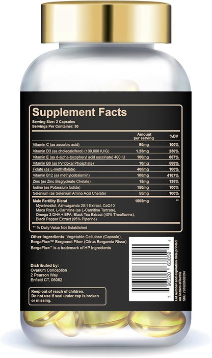 Ovarium® Male Fertility Support Supplement - Vegan Multivitamin w/Black Tea Extract, B12, Maca Root & Ashwagandha - Supports Men's Reproductive Health & Wellness (60 Capsules)