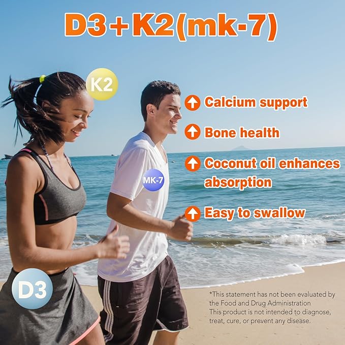 VEV Vitamin D3 K2, 5000 IU D3 100mcg K2 (MK 7), 300 Softgels, 2-in-1 Vitamin D & K Supplement with Coconut Oil, Supports Calcium Absorption and Bone Health, Easy to Swallow (Packaging May Vary)
