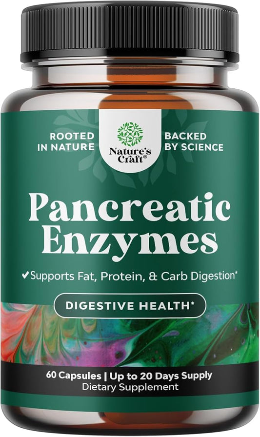 Pancreatin Digestive Enzymes Digestion for Gut Health - Pancreatic Digestive Enzymes for Women & Men with Protease, Lipase & Amylase - Bloating, Stomach Health, Fat, Carb & Protein - 60 Count