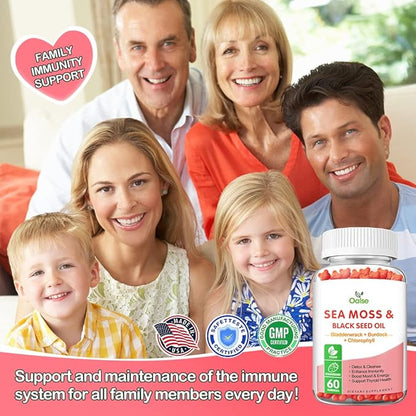 Sea Moss Gummies for Adults Kids with Chlorophyll, Bladderwrack, Burdock Root, Blck Seed Oil, Vitamin C & D3, Zinc, 8-in-1 Potent Formula Supports Immune System & Boost Energy (1-Pack)