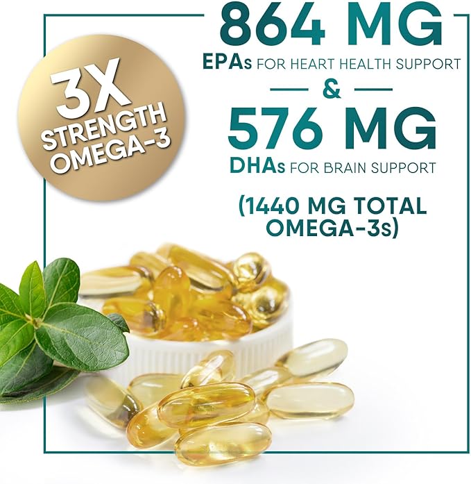 Triple Strength Omega 3 Fish Oil Supplement, EPA & DHA Fish Oil Omega 3 Essential Fatty Acids Supplement Softgels, 2400 mg Brain & Heart Health Support Supplements, Gluten Free, Non-GMO, 180 Softgels