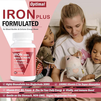 Iron Bisglycinate Supplement for Women & Men - 30mg Iron Pills with Vitamin C, B12, Folic Acid - Chelated Iron for Anemia, Health Blood - High Absorption, Gluten-Free, Non-GMO - 60 Vegan Caps